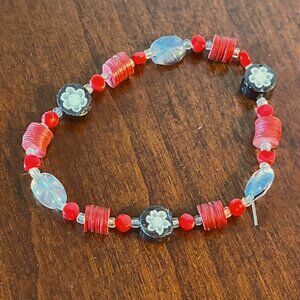 Handmade Beaded Stretch Bracelet - Red & Gray